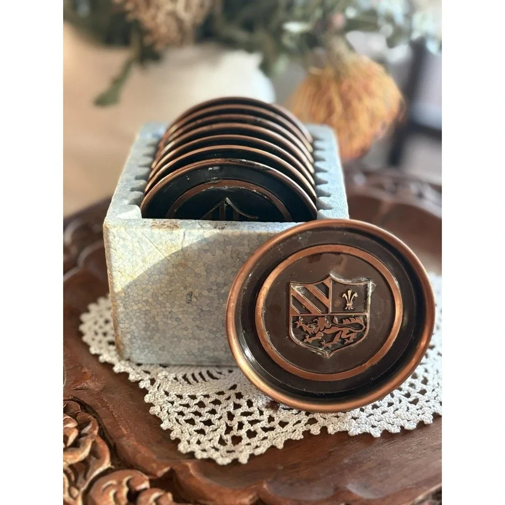 Vintage Hyde Park Copper Metal Coasters Set of 8 Heraldic Crest Shield Caddy MCM